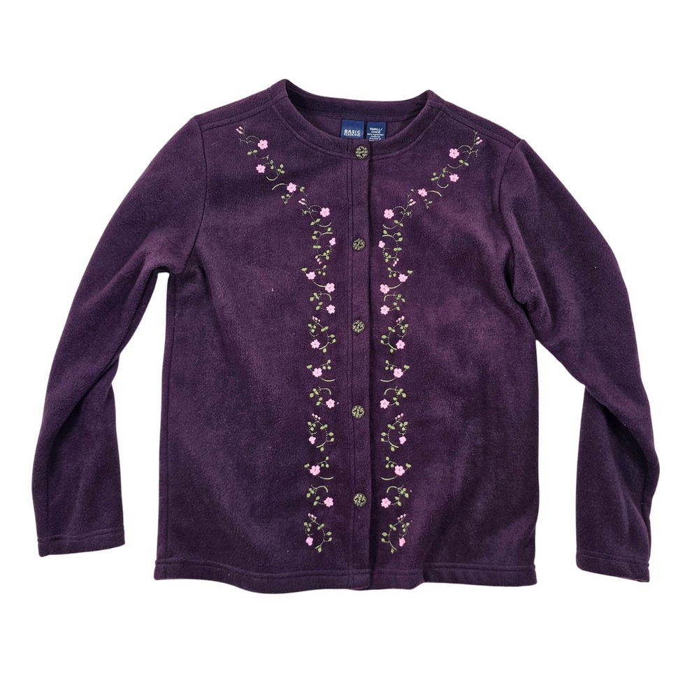 Basic Editions Purple Fleece Cardigan‎ Floral Embroidered Button Front Small NWT